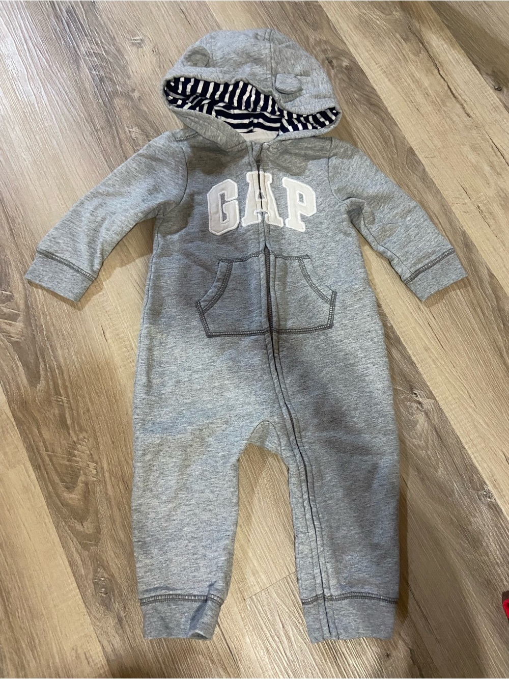 GAP Heather Gray Hooded Zip One-Piece with Striped Lining